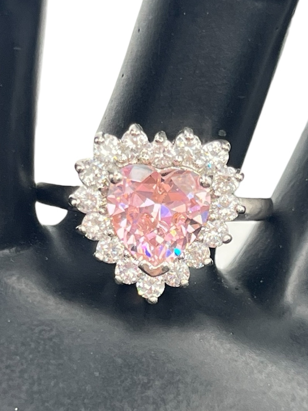 Pink CZ heart halo cocktail ring size 10 silver tone